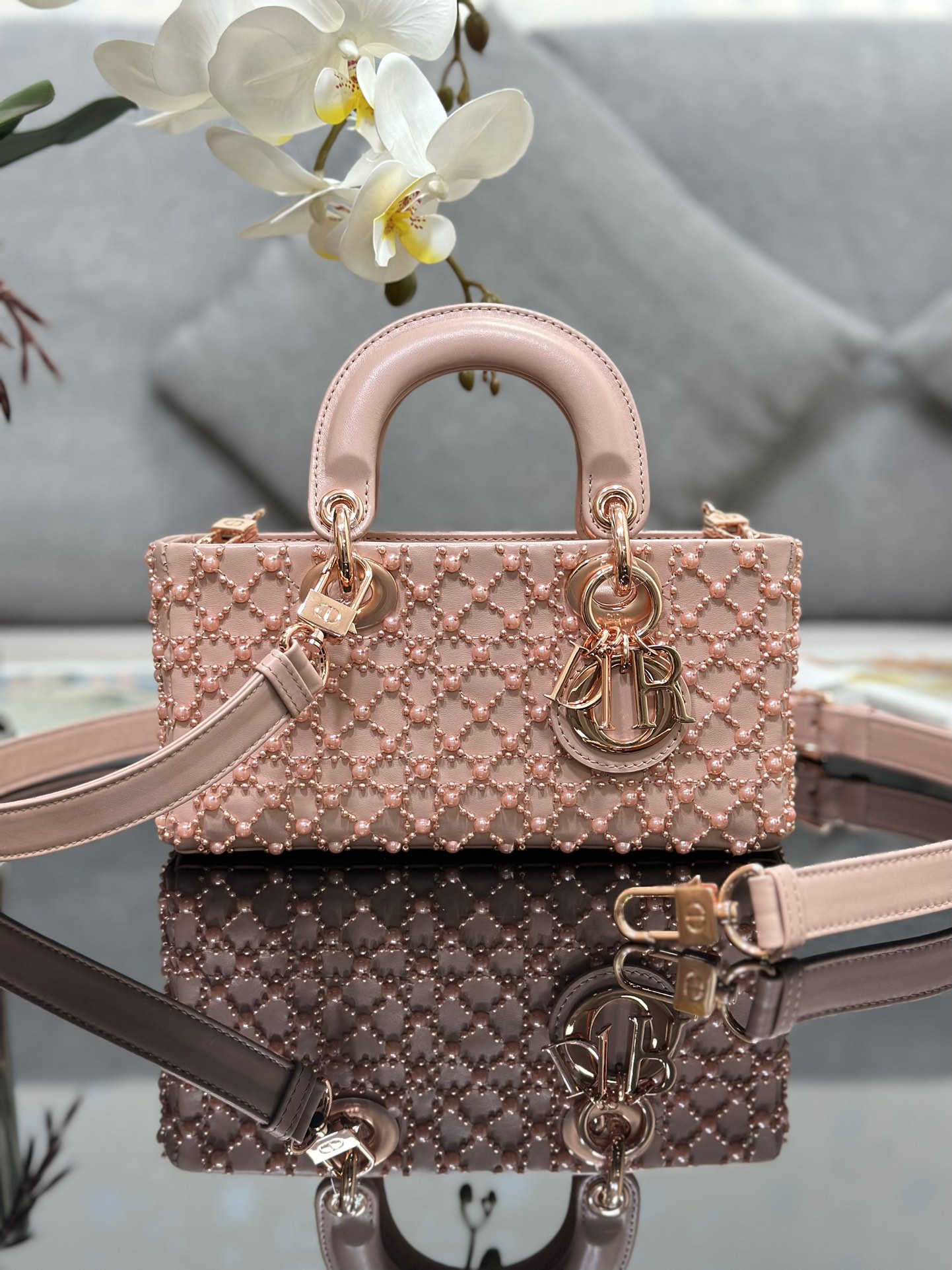 Small Lady D-Joy Bag Pink Calfskin Embroidered with Rose Gold Pearl 